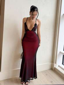 leahseptember Đầm slip bodycon nữ dáng maxi cổ chữ V, phối ren tương phản, hở lưng, dây đan chéo, lưới cá, gấu đuôi cá, trang phục dự tiệc cho nữ - Nhiều màu - Xem 3