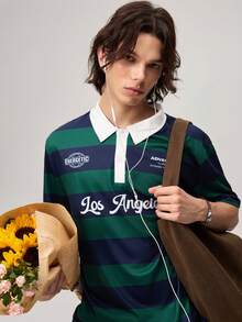 Men Striped & Slogan Graphic Polo Shirt - Dark Green - View 7
