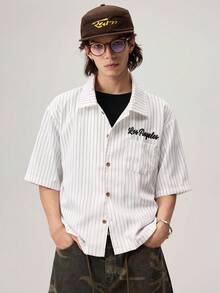 Men's Letter Embroidered Striped Short Sleeve Single-Breasted Shirt - White - View 5