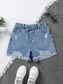 Girls' Denim Shorts, Light Blue Washed Distressed Frayed Hem Denim Shorts, Asymmetrical Elastic Waist Design, Loose Fit Casual Versatile Y2K Summer Street Style Girls' Shorts, Suitable For Daily Outings, School, Commuting, Summer Vacation, Outdoor And More Occasions - Blue - View 1