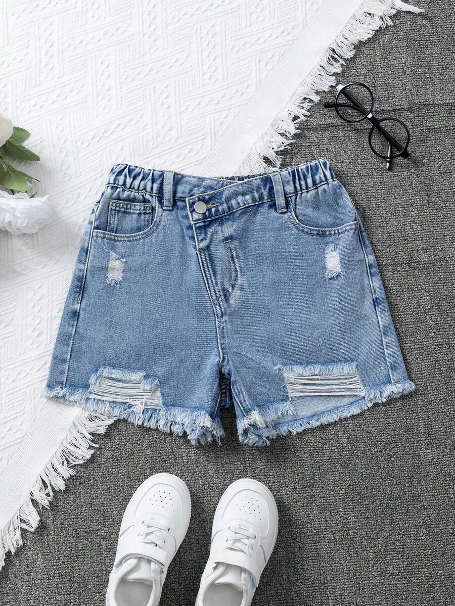 Girls' Denim Shorts, Light Blue Washed Distressed Frayed Hem Denim Shorts, Asymmetrical Elastic Waist Design, Loose Fit Casual Versatile Y2K Summer Street Style Girls' Shorts, Suitable For Daily Outings, School, Commuting, Summer Vacation, Outdoor And More Occasions - Blue - View 1