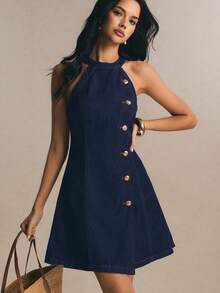Poéselle Women's Autumn Casual Retro 70s Halter Neck Sleeveless Denim Dress, Commuter, Elegant, Date Everyday Brunch, Party, Navy Blue - Blue - View 8