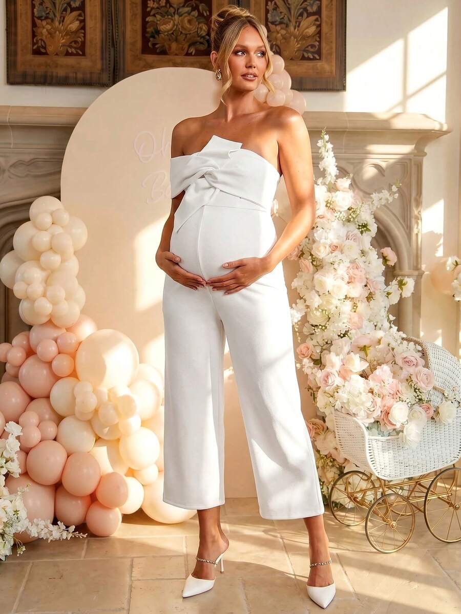 Loomaby Elegant Solid Color Knot Jumpsuit For Pregnant Women Party Dress Gender Reveal Dress Maternity Dress Baby Shower Dress