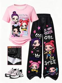 SHEIN Sparklyn 女團風青少年女孩套裝，淺紫色短袖上衣搭配甜酷女孩滿版印花，活力吸睛。寬腿褲配獨特塗鴉印花，街頭風鬆弛版型，適合日常活動，甜酷對比，輕鬆營造夏日活力氛圍，適合出遊與上學 - 彩色 - 查看 3
