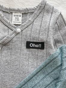 SHEIN Vintaside Kids 新生兒女嬰與男嬰白色純色交叉前襟舒適可愛趣味優雅極簡時尚彈性長袖連身衣多件套裝 - 彩色 - 查看 3