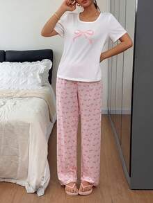 Dream Adore Pink Bow Print Short Sleeve & Long Pants Pajama Set, 2 Pieces - Multicolor - View 3