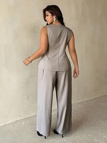Auralis Plus Size Women Solid Color Vest And Pants Casual Elegant Commute Suit Set Office Formal Grey Summer - Khaki - View 4