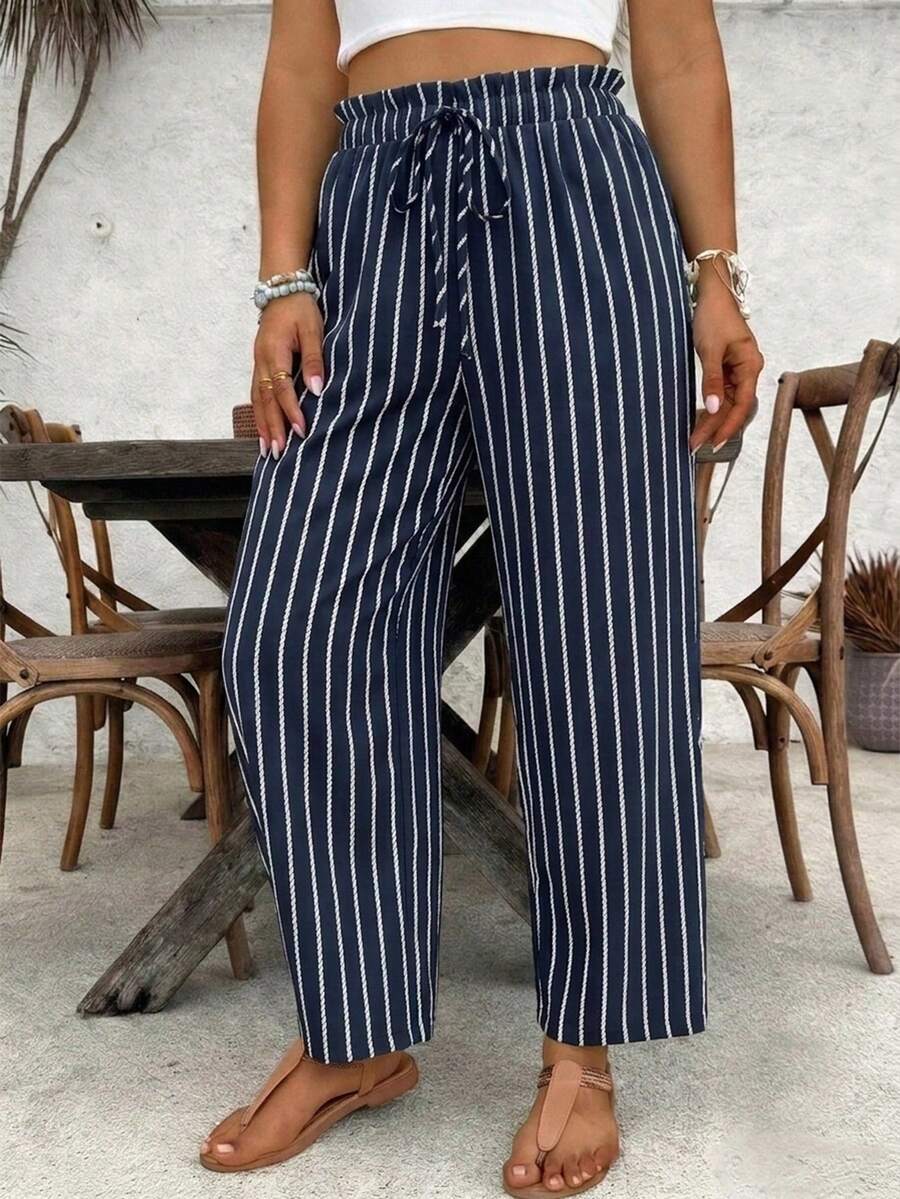 SHEIN VCAY 大码条纹印花系带高腰休闲阔腿裤 - 彩色 - 查看 1