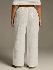 SHEIN Tall CURVE 大尺碼女款純色腰部綁帶亮片直筒長褲 - 白色 - 查看 7