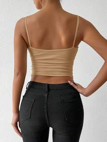 SHEIN VaVaLuxe Khaki Summer Seksi Chic Holiday Vacation Holiday Women's V-Neck Backless Sleeveless Ruched Top,Slim Fitting Waist Cinching Elegant Nightclub Top - Khaki - View 2