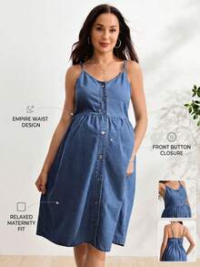 SHEIN Maternity Single-Breasted Casual Spaghetti Strap Denim Dress Autumn Navy Blue Fall Baby Shower Maternity Shoot - Dark Wash - View 1