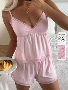 CovetEZ 女款蕾絲飾邊百褶吊帶上衣與短褲休閒日常套裝 - 粉色 - 查看 2