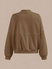 SHEIN BASICS Chaqueta holgada de punto de unicolor con cuello alto y manga larga para mujer, ropa de otoño e invierno - Café integral - Ver 5