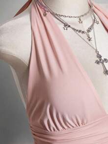 SHEIN ICON 大尺碼掛脖深V領收腰A字露背波點背心，復古Y2K掛脖波點背心，娃娃裝波點掛脖露背上衣 - 粉色 - 查看 8
