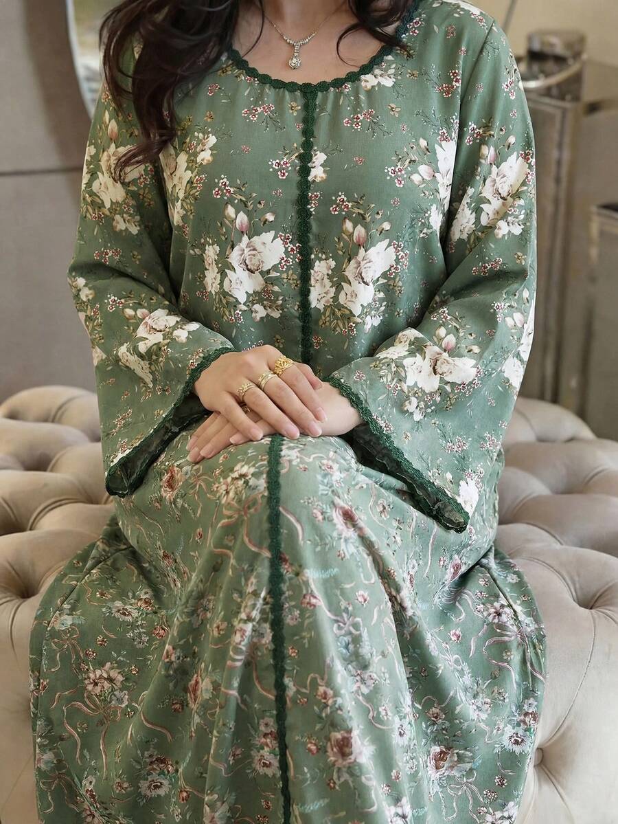Al Najma Plus Size Women's Green Floral Print Arabian Dress - Multicolor - View 1