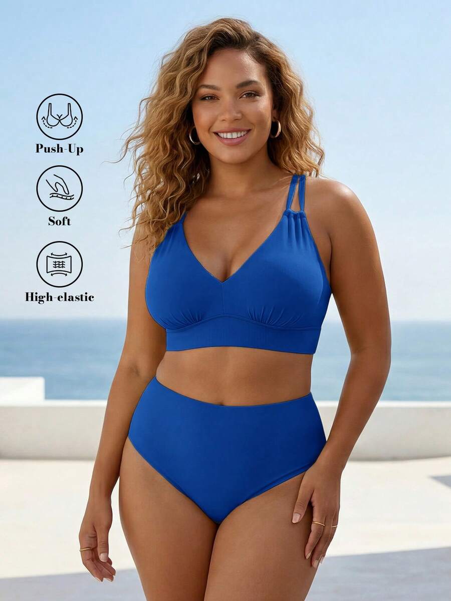 ELLERISSA Conjunto de Bikini Azul de Talla Grande con Cintura Alta y Espalda de Tiras Cruzadas - Azul - Ver 1