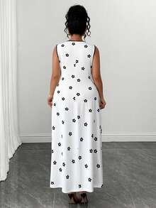 SHEIN Clasi Plus Size Women's Floral Print Round Neck Sleeveless Casual Cute Elegant Dress Brunch Dates White Summer - Black and White - View 2