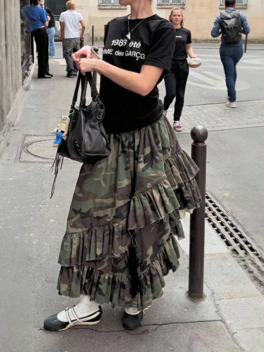 SHEIN 女款迷彩時尚不對稱荷葉邊牛仔裙 - 彩色 - 查看 1