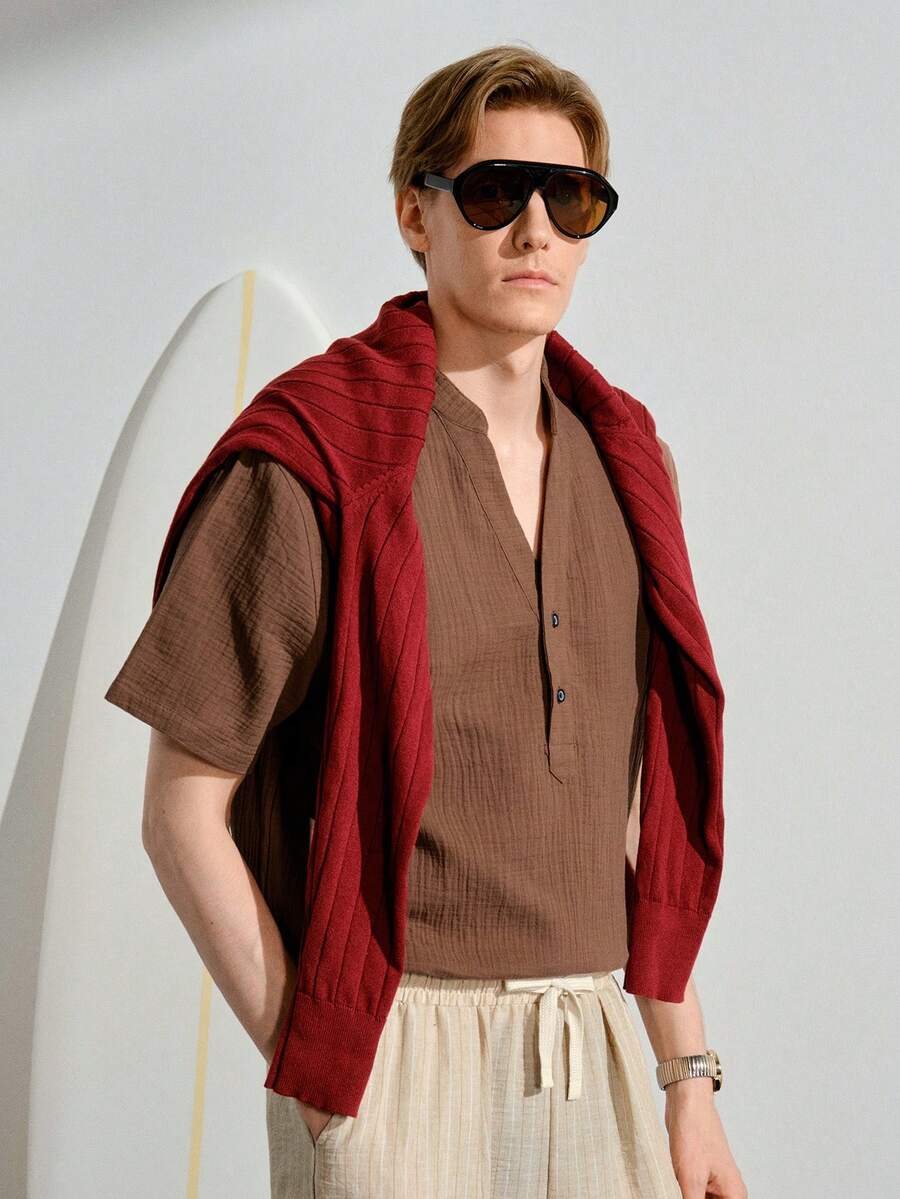 Men's Casual Solid Color Short Sleeve Shirt, Summer, White Linen Beach Top, Casual V-Neck Henley, Hippie Bohemian Style Loose Fit Blouse