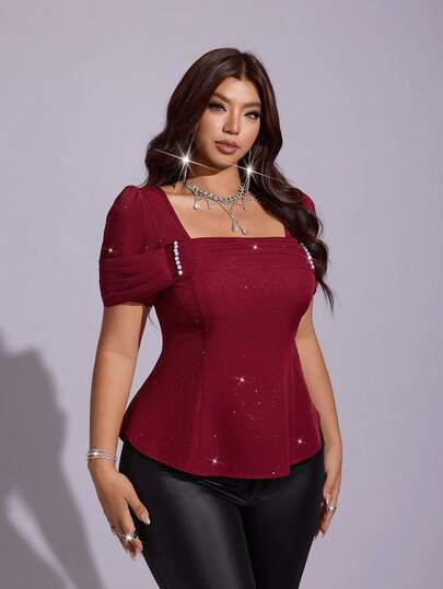 Viva Relle Wine Red Powder-Coated Square Neck Petal Sleeve Top, French Pearl Beaded Waist-Cinching Slimming Short Blouse