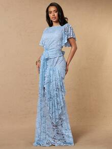 Silquee Women's Elegant Casual Romantic Sweet Lace Sheer Pleated Waist Dress Blue Floral Long Birthday Night Wedding Guest Garden Party Holiday Summer - Blue - View 6