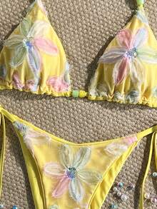 Costavie Swim MOD 兩件式比基尼套裝，春夏度假款，彩色花卉亮片紋理面料，掛脖三角上衣搭配側綁帶比基尼泳褲，性感女款泳衣 - 彩色 - 查看 6