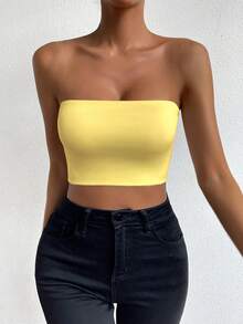 Allurite Ladies' Solid Color Simple Style Daily Strapless Top - Yellow - View 7