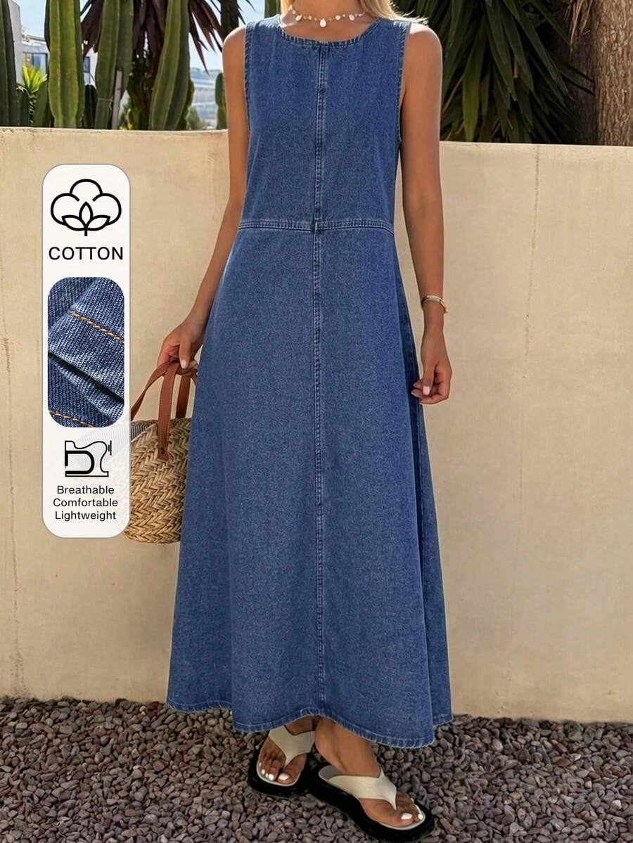 Livesso Women's Autumn Cotton Round Neck Loose Casual Solid Color Button Tie Denim Dress For Vacation And Holiday Vacation Aqua Blue - Blue - View 1
