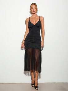 Nuvra Vestido de fiesta elegante y sexy con volantes en los tirantes y el bajo, de unicolor para mujer - Negro - Ver 5