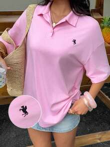 SHEIN EZwear 女士粉色刺绣针织宽松休闲T恤，夏季款 - 粉色 - 查看 8