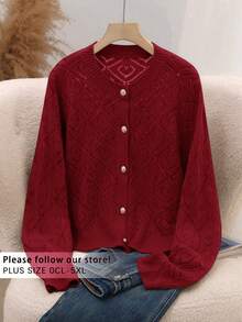 SHEIN Clasi Cárdigan de punto calado con hombros caídos talla grande - Rojo - Ver 9