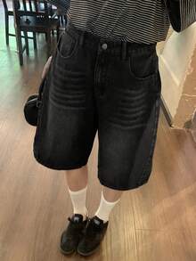 DAZY 女款休閒百搭牛仔短褲，附口袋與鈕扣，適合日常穿著 - 黑色 - 查看 1