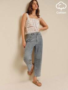 lacRébo Relaxed Romantic Floral Print Button Front White Cotton Top With Lace Neckline Summer Holiday Casual - Apricot - View 5