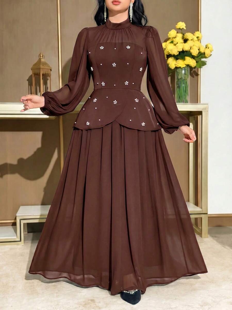 Modelyn 大尺碼女款人造珍珠裝飾時尚派對與休閒洋裝 - 咖啡棕 - 查看 1