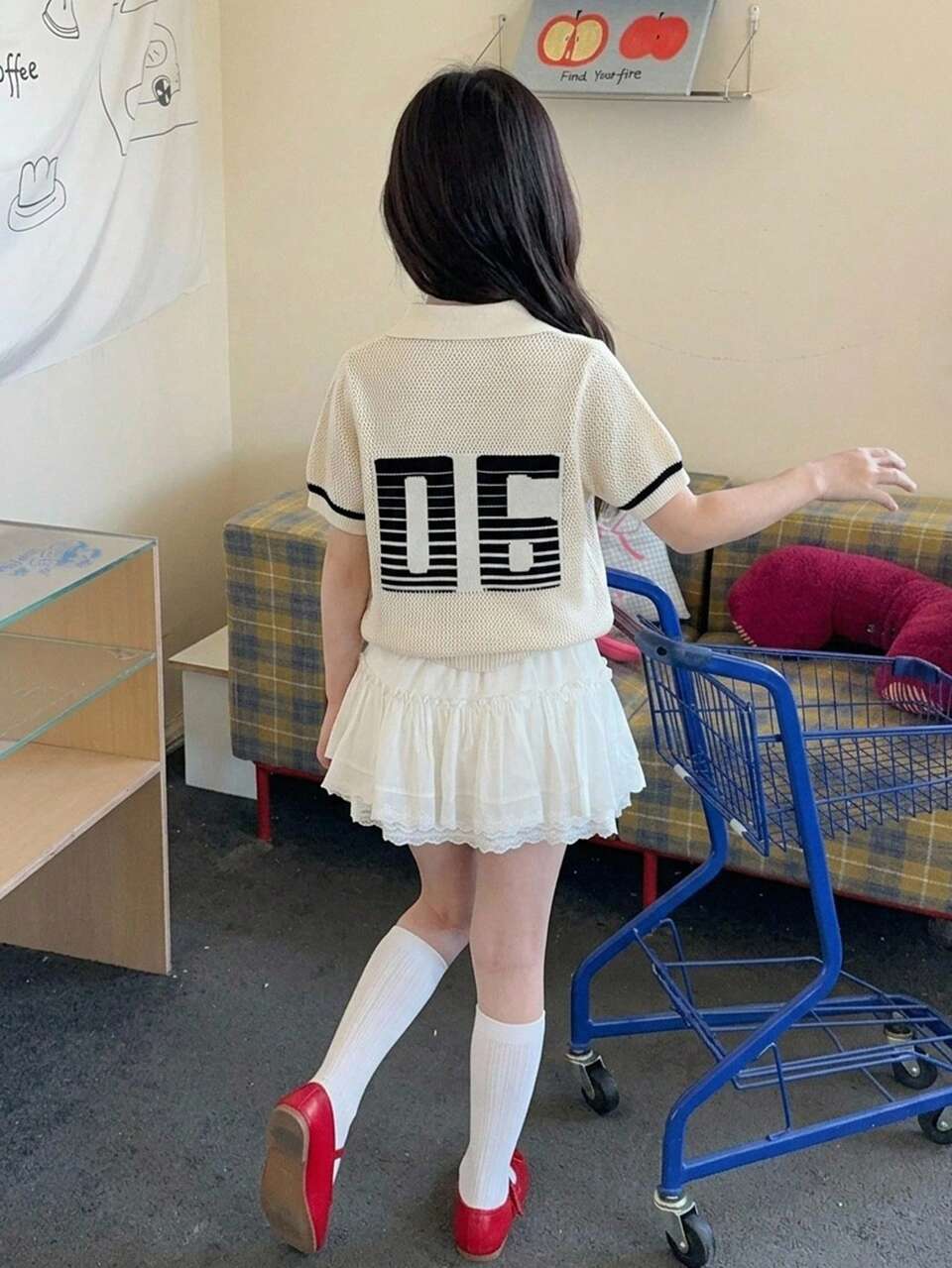 Loose Fit Collared Letter Polo Short Sleeve Sweater Top For Young Girls' Fall