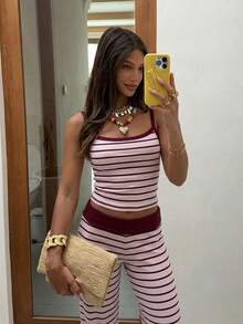 Siren Gaze Summer Women's Light Pink Checkered Two Pieces Set, Square Neck Camisole High Waist Wide Leg Pants, Y2K Casual Coastal Hot Girl Style Beach Travel - Pink - View 10