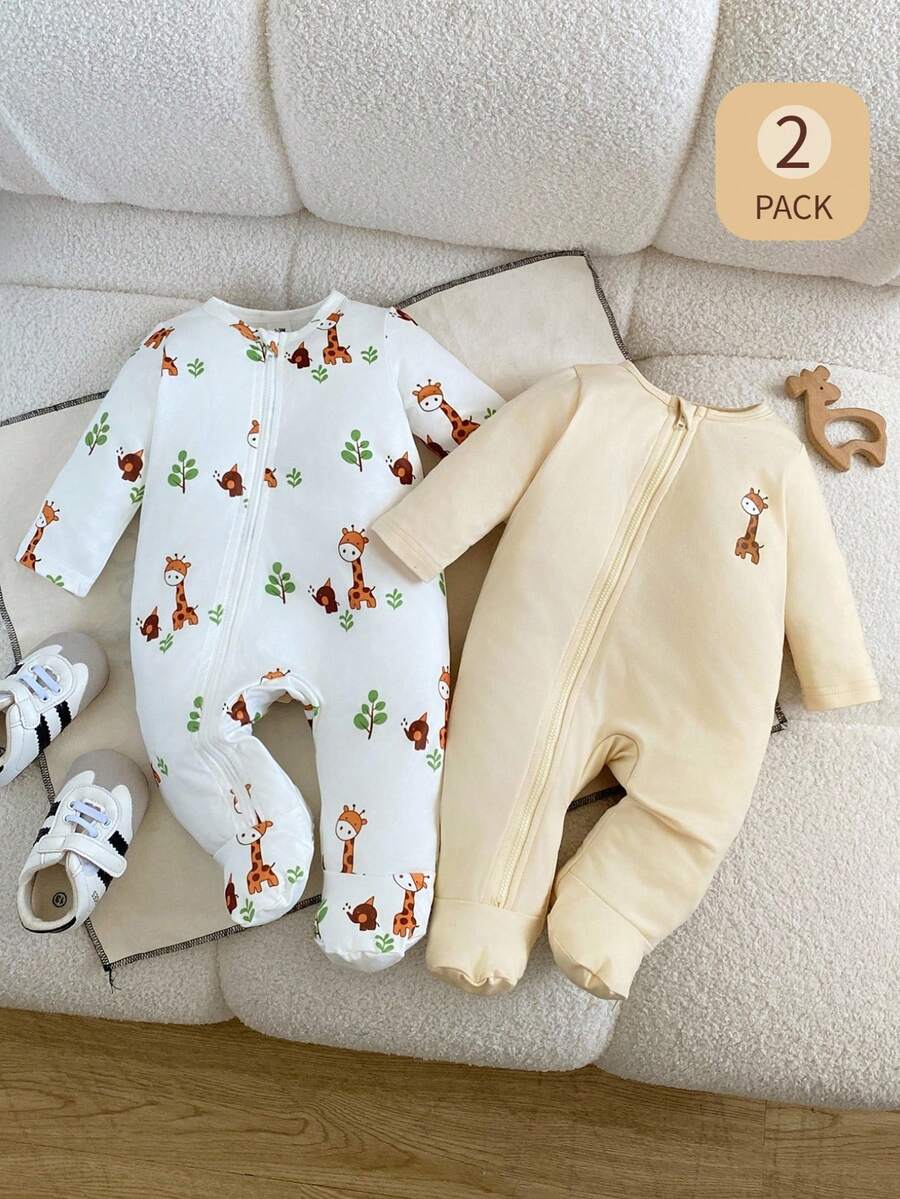 SHEIN 2pcs Baby Boys White & Yellow Cute Giraffe Print Crew Neck Long Sleeve Footed Rompers, Comfortable Versatile For Autumn/Winter Outings - Yellow - View 1