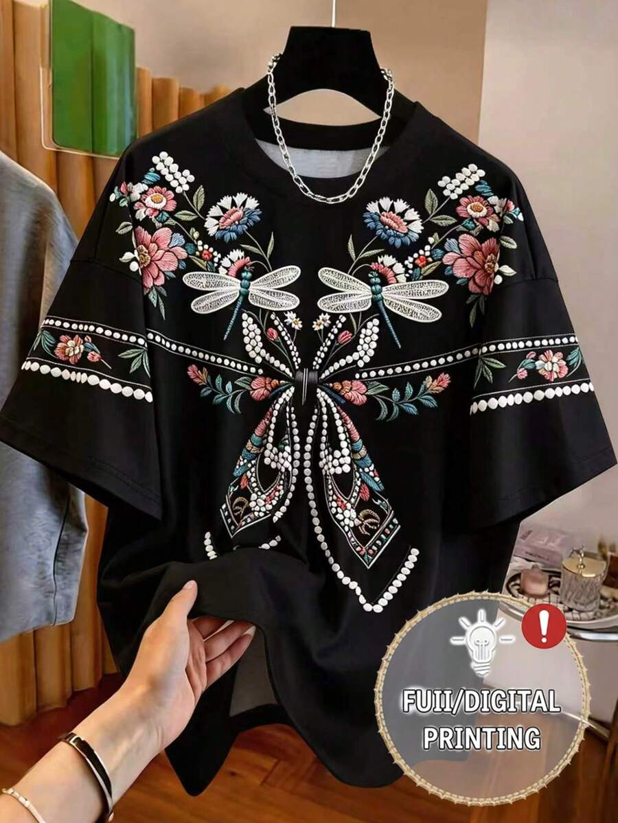 Modelyn 女款極簡圓領奢華花卉印花百搭時尚高端夏季大尺碼短袖T恤 - 黑色 - 查看 1
