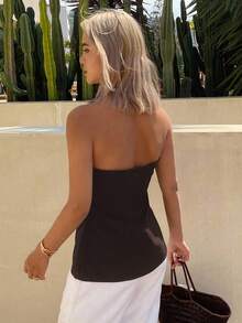 Strévra Women's Solid Color Pleated Bandeau Top, Fashionable For Vacation Tube Tops - Brown - View 3