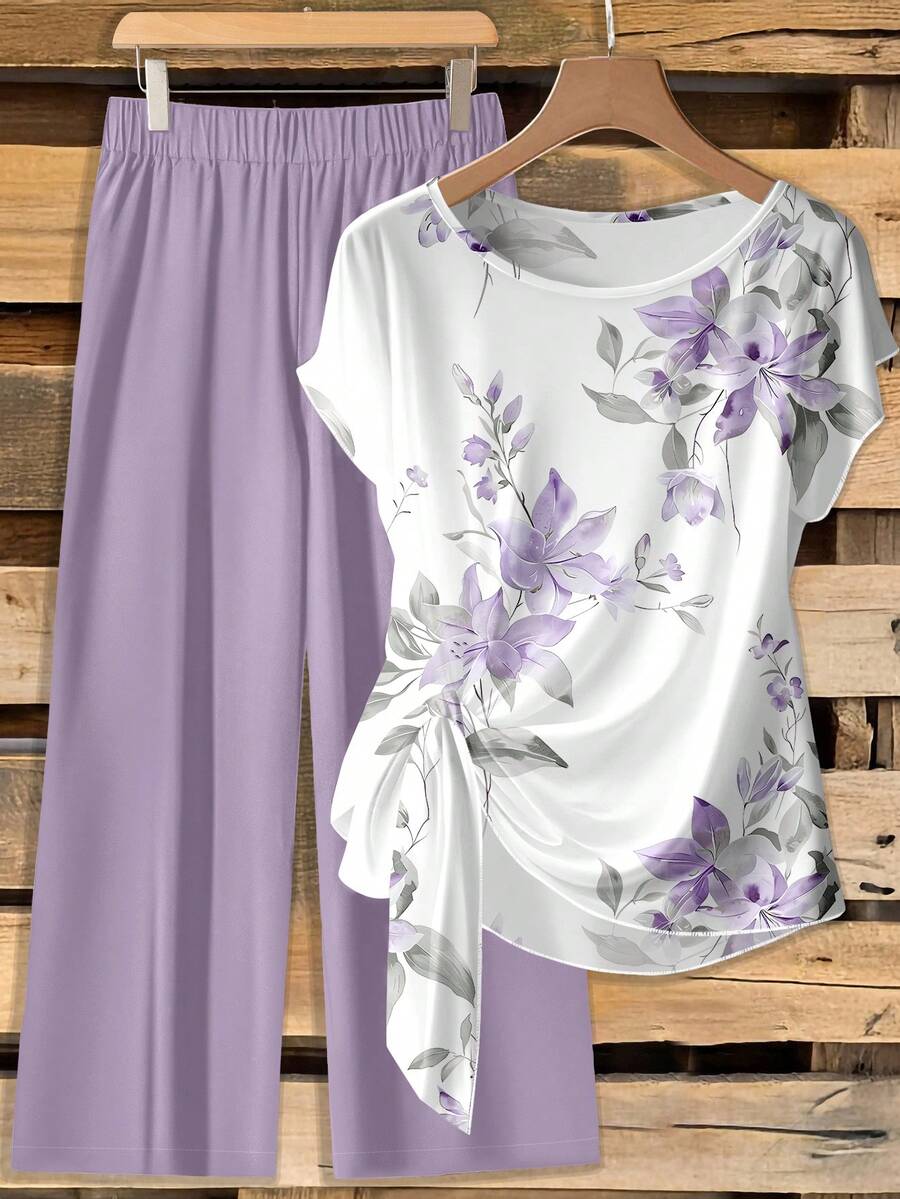 SHEIN LUNE Bộ 2 món áo blouse thắt nơ và quần ống suông rộng cho nữ - Nhiều màu - Xem 1