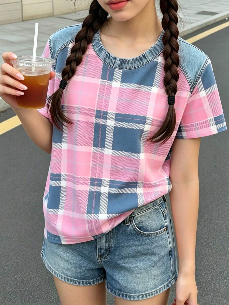 Elladie kids 春夏秋女童青少年時尚創意個性粉藍格紋破洞花卉印花休閒基礎短袖T恤 - 彩色 - 查看 1