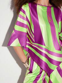 SHEIN Zanirela Women's Fashion Colorblock Print Asymmetrical Hem Top - Purple - View 7