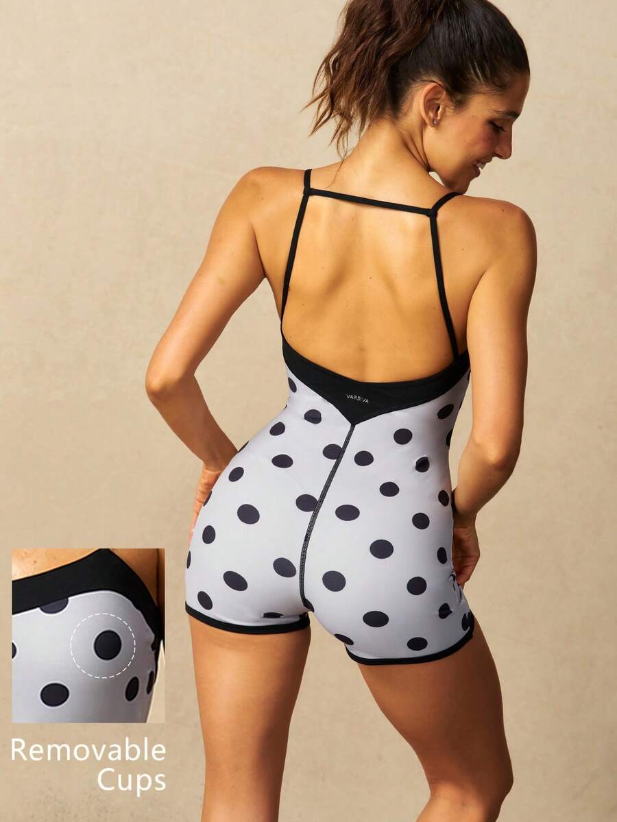VARSIVA Polka Dot Print Backless Spaghetti Strap Sports Romper