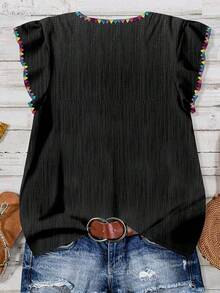EMERY ROSE Plus Size Women's Floral Bud Embroidered Single-Breasted Cap Sleeve Blouse - Black - View 2
