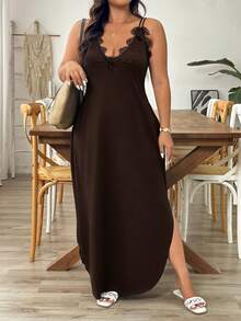 Breezaya Gaun Camisole Panjang Belahan Samping dengan Hiasan Renda untuk Wanita Ukuran Plus - Coffee Brown - View 5