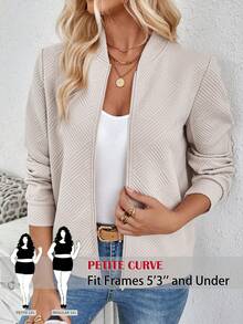 SHEIN PETITE CURVE 大尺碼女款純色長袖前拉鍊休閒棒球夾克 - 卡其色 - 查看 3