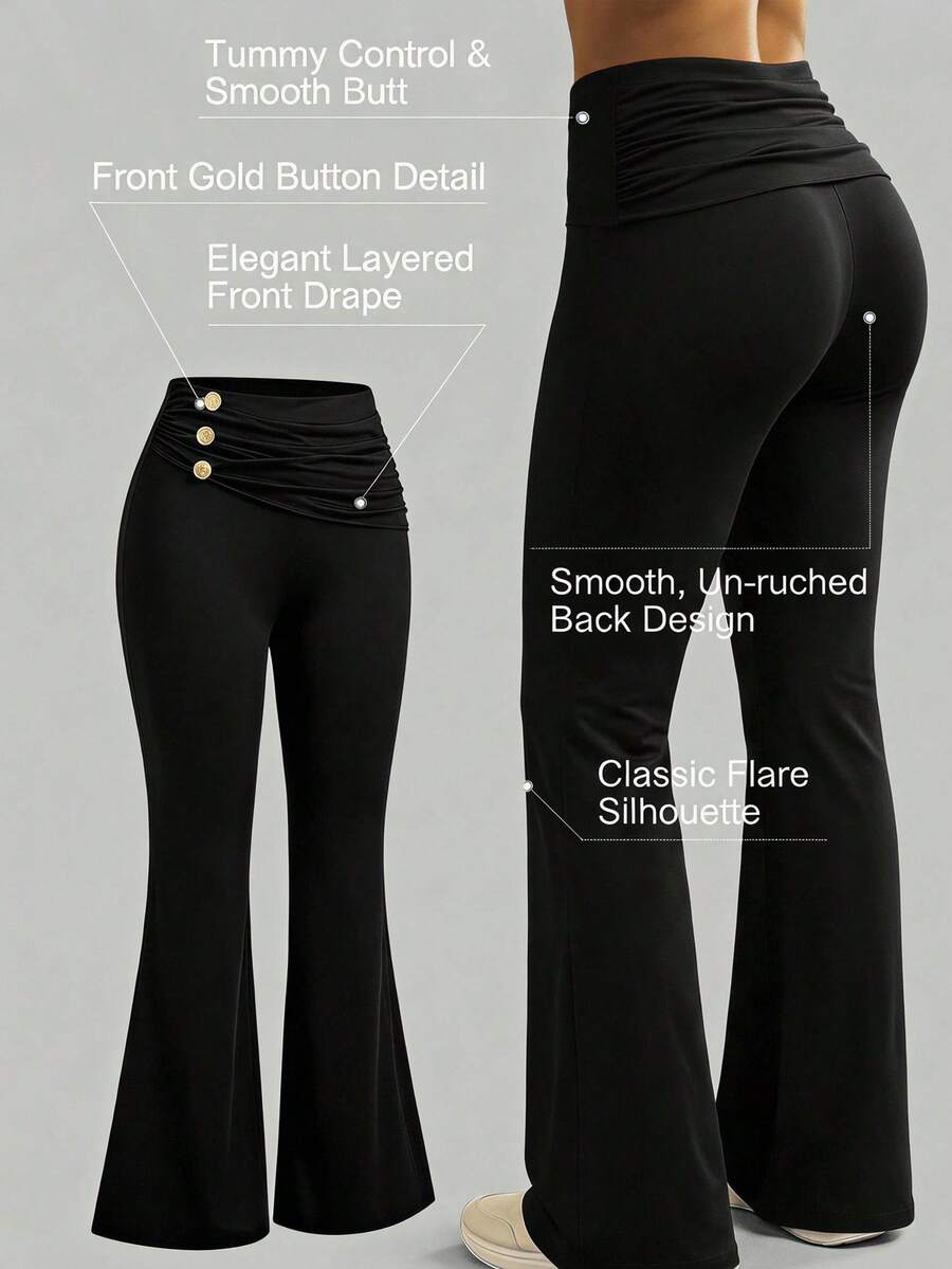 SHEIN MOD 女款純色腰部百褶鈕扣設計喇叭褲 - 黑色 - 查看 1