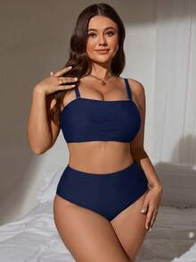 SHEIN Swim 2026夏季度假基本款極簡主義平口大尺碼女款泳衣套裝 - 藏蓝色 - 查看 5
