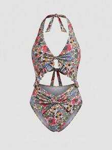Swim Lushoire 女款花卉印花荷葉邊鏤空性感熱帶輕盈掛脖繫帶連身泳衣 米色 夏季海灘度假 - 彩色 - 查看 6