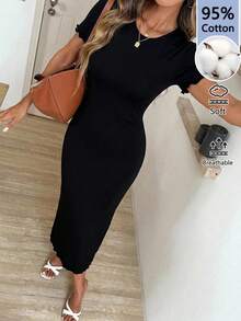 SHEIN LUNE Women's Fitted 95 Cotton Mid-Length Dress, Black Brunch Everyday Summer Casual - Black - View 1